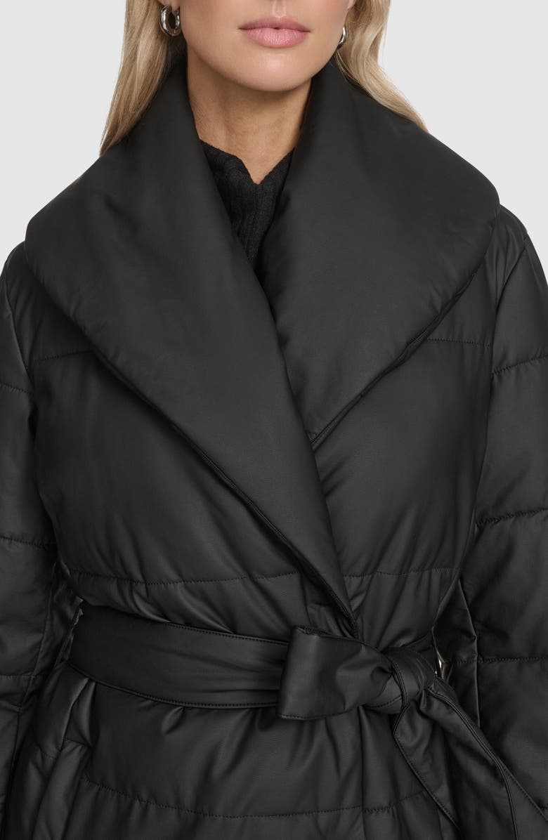 Andrew Marc Adela Faux Leather Shawl Collar Quilted Wrap Coat, Alternate, color, Black