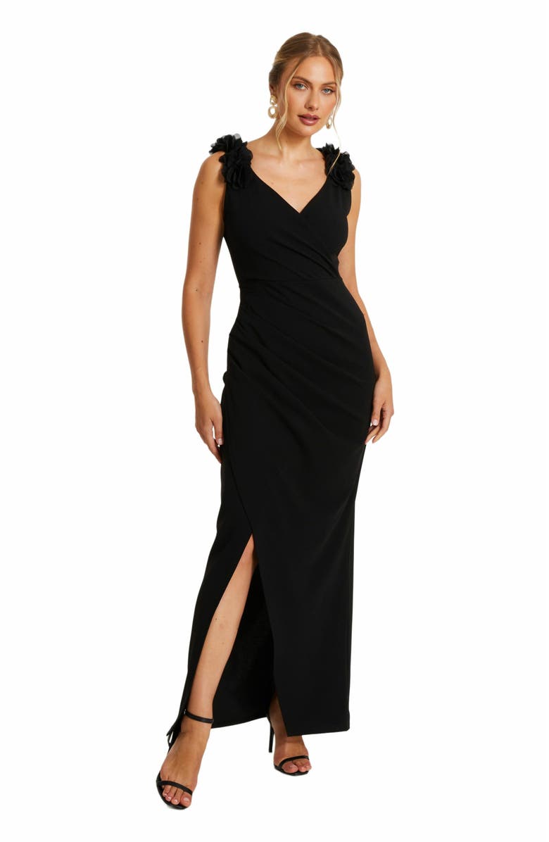 QUIZ Scuba Crepe Strap Trim Ruched Maxi Dress, Main, color, 