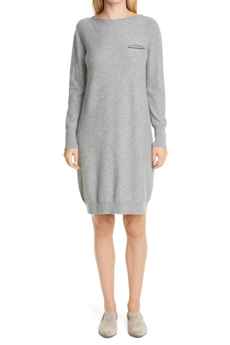 Beaded Pocket Long Sleeve Wool, Silk & Cashmere Sweater Dress, Main, color, GREY