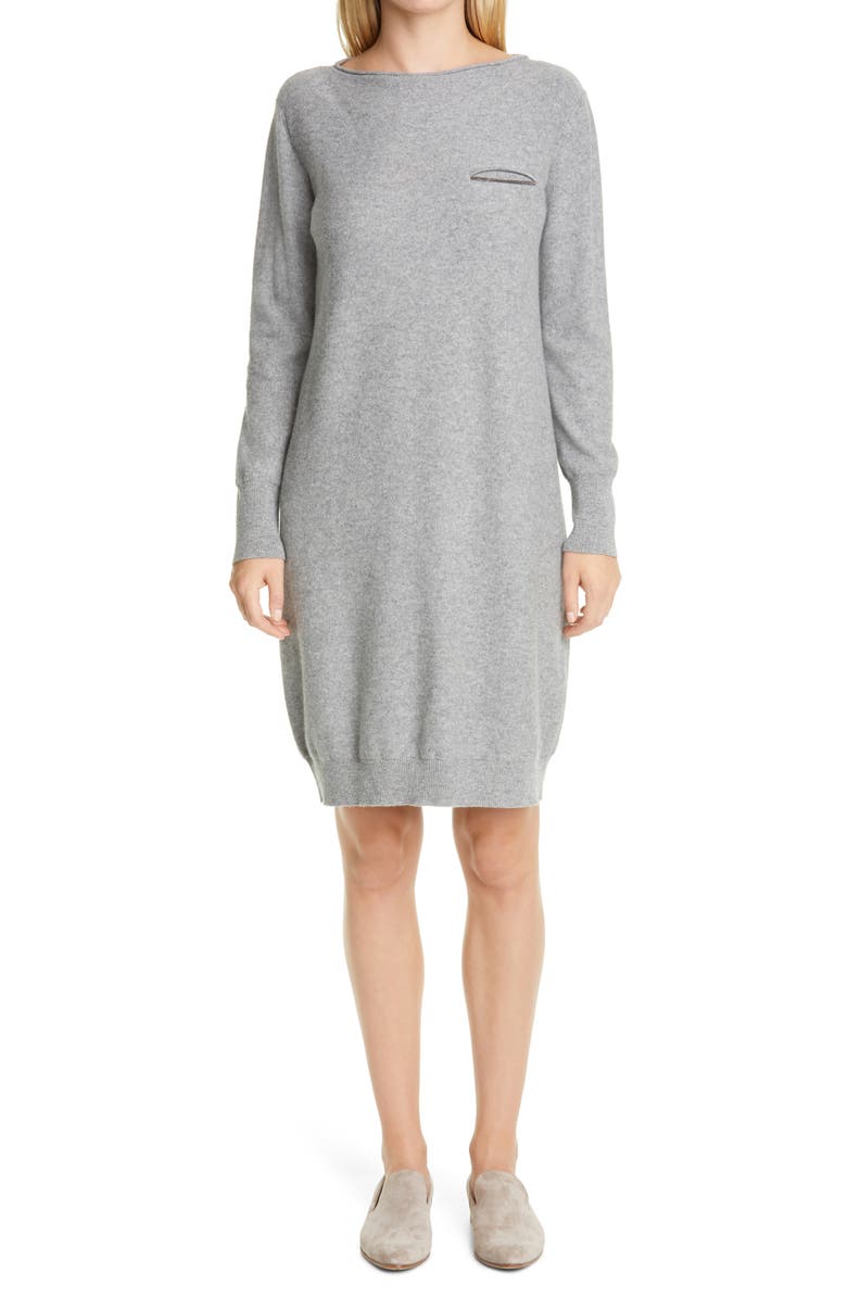 Fabiana Filippi Beaded Pocket Long Sleeve Wool, Silk & Cashmere Sweater Dress, Main, color,