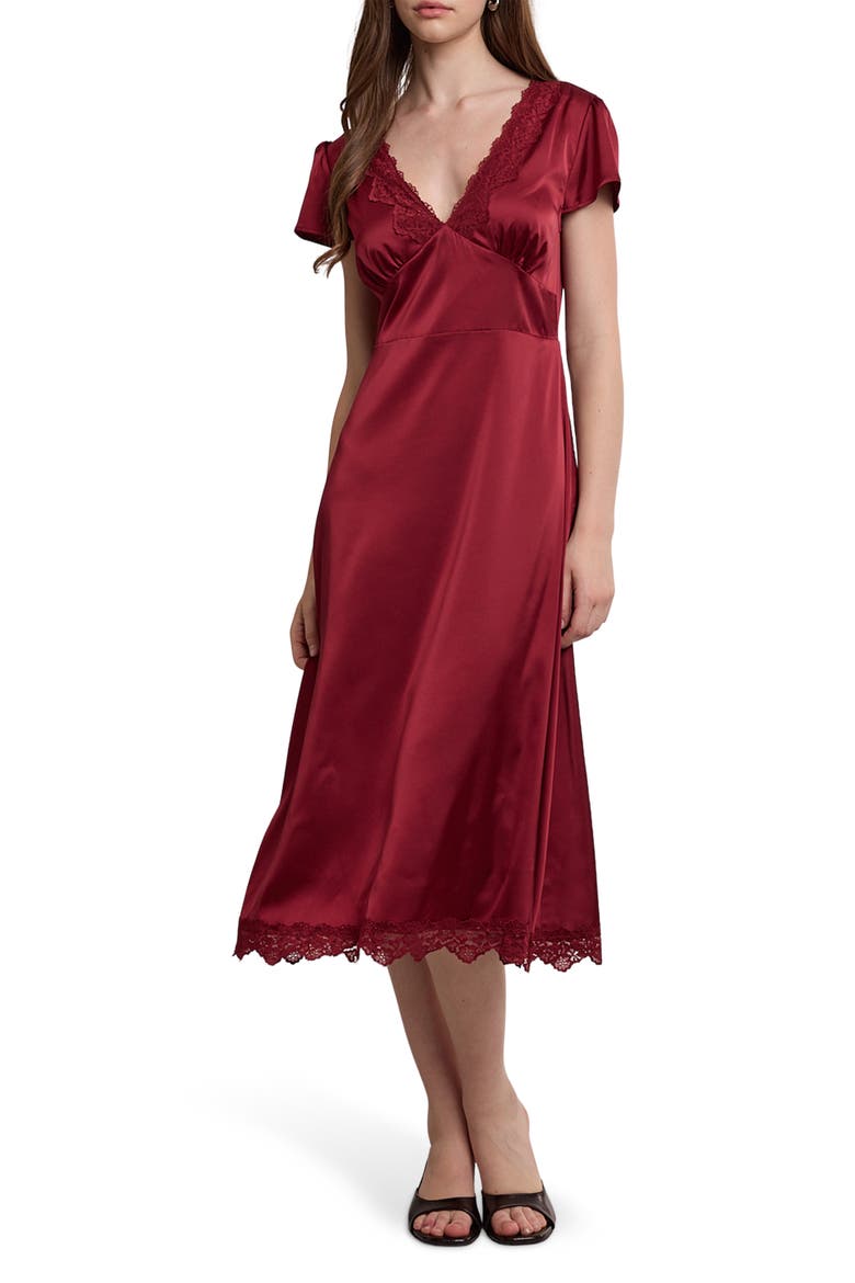 Lace Trim Satin Midi Dress, Main, color, WINE
