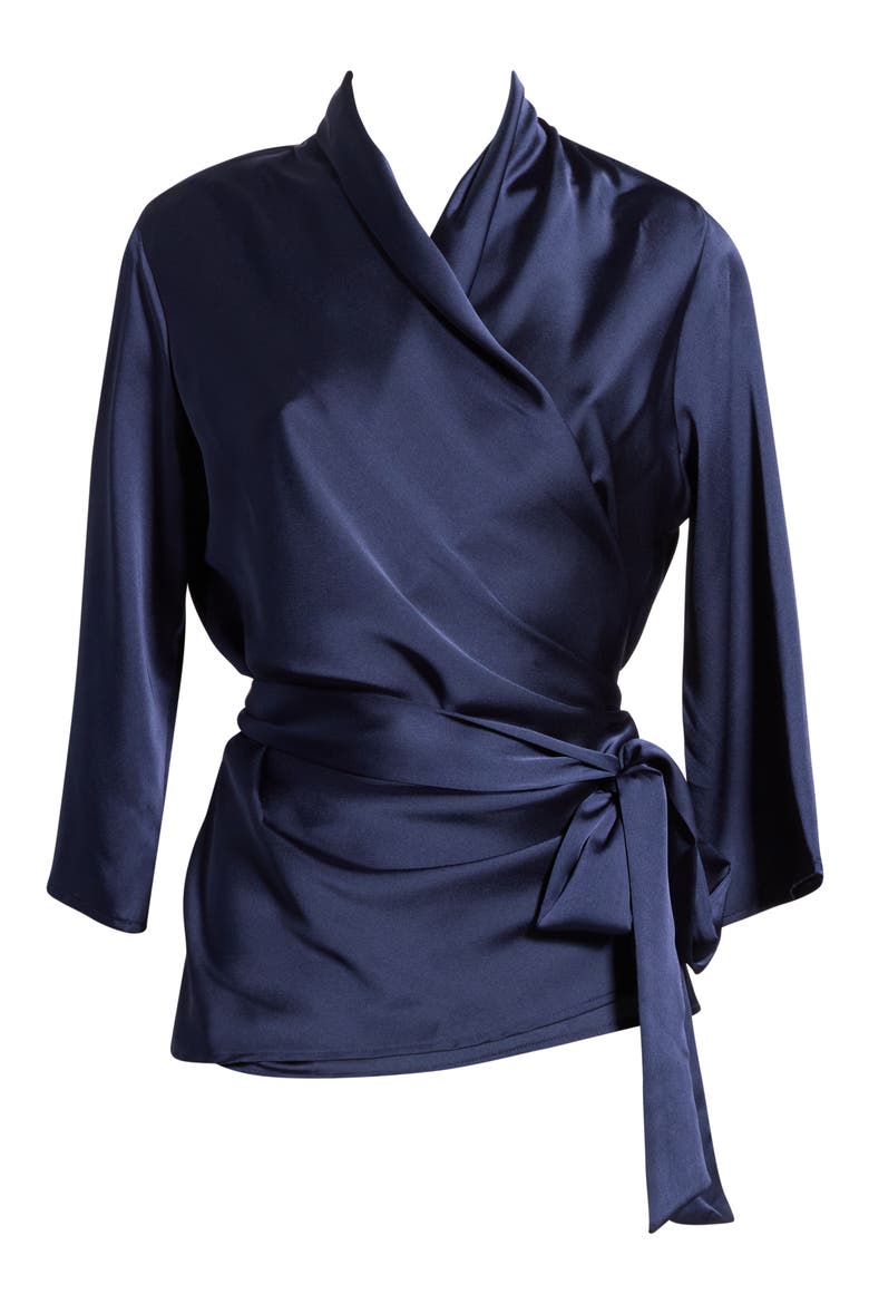 3/4 Sleeve Wrap Satin Top, Main, color, NAVY