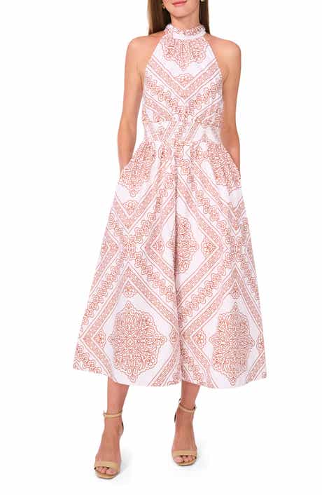 Halogen® Medallion Print Cotton High Neck Halter Dress