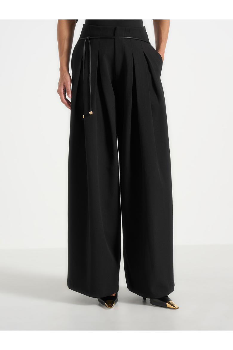 Flora Box Pleat Wide Leg Belted Trousers, Main, color, Black