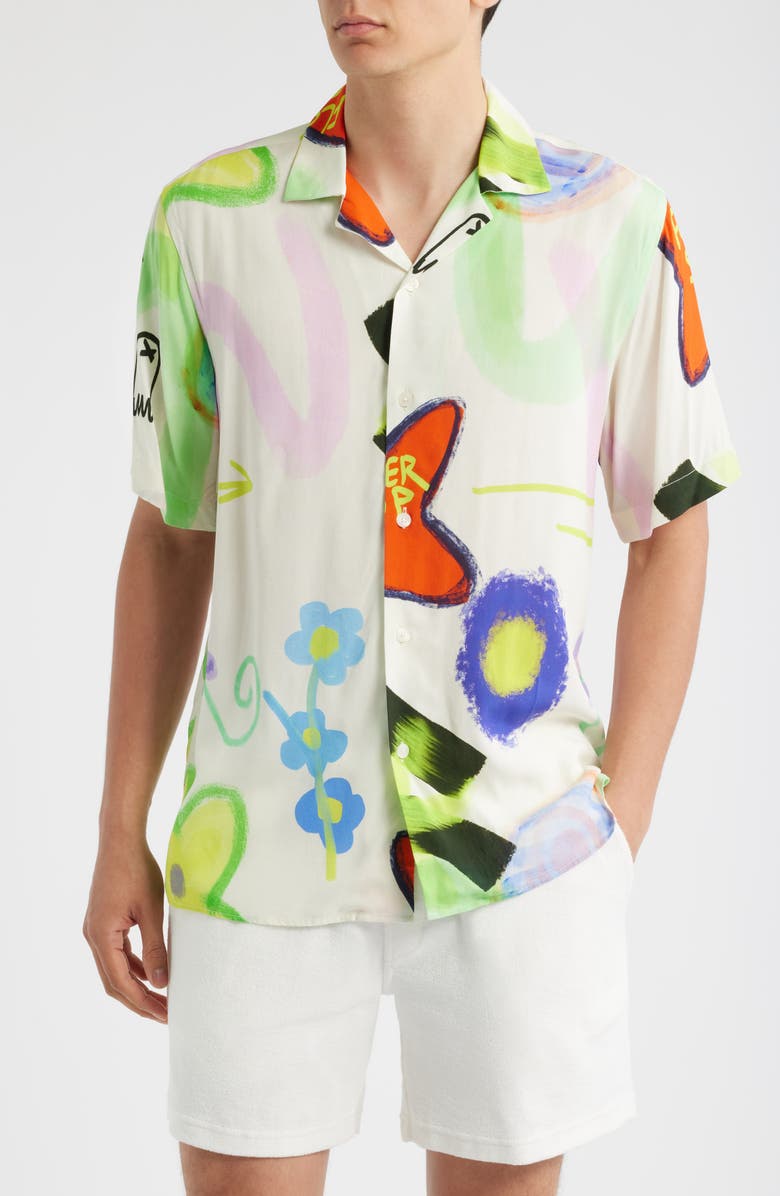 OAS Abstract Print Viscose Camp Shirt, Main, color, Flower Shop