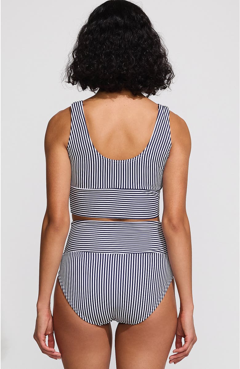 Lands' End Tugless Tankini Top and High Waisted Bottom Swimsuit Set, Alternate, color, Deep Sea Navy Mini Stripe