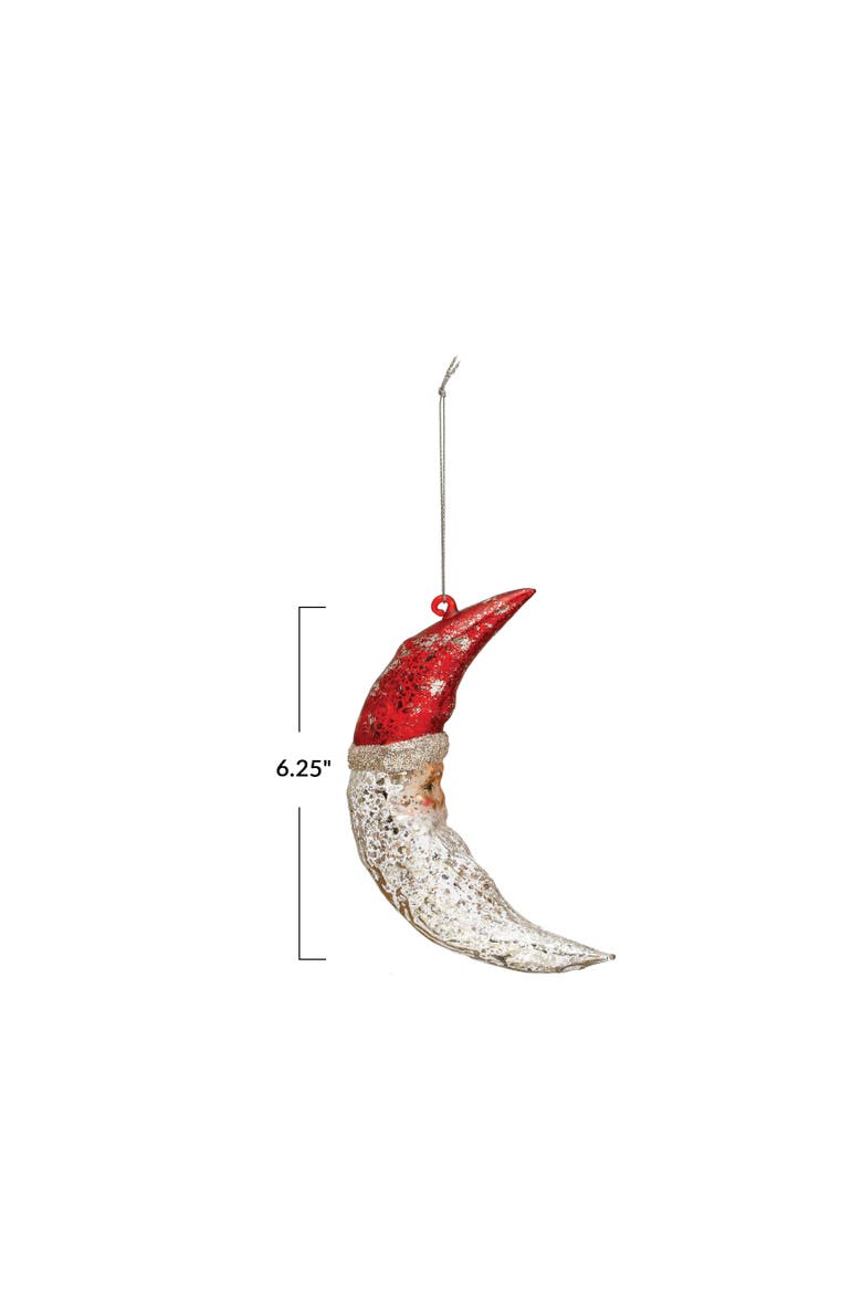 Hand-Painted Mercury Glass Santa Moon Ornament with Glitter, Alternate, color, Red and Silver