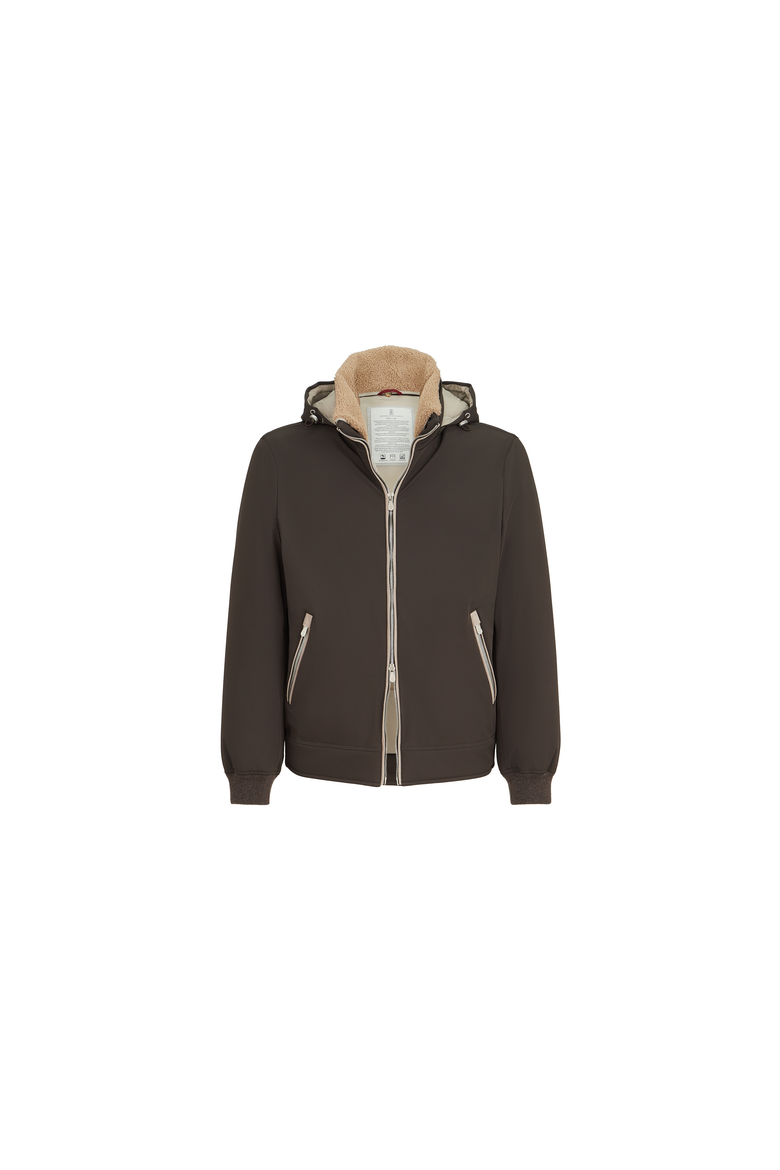 Stretch bonded nylon down jacket with detachable hood, Alternate, color, Brown