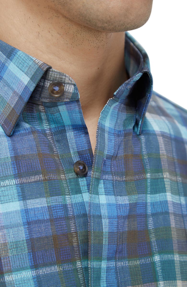 Bugatchi Karl Shaped Fit Check Stretch Button-Up Shirt, Alternate, color, Teal