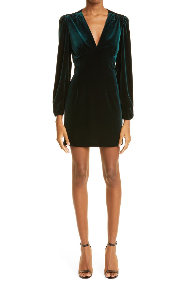 Puff Long Sleeve Deep V-Neck Velvet Minidress, Main, color, GREEN