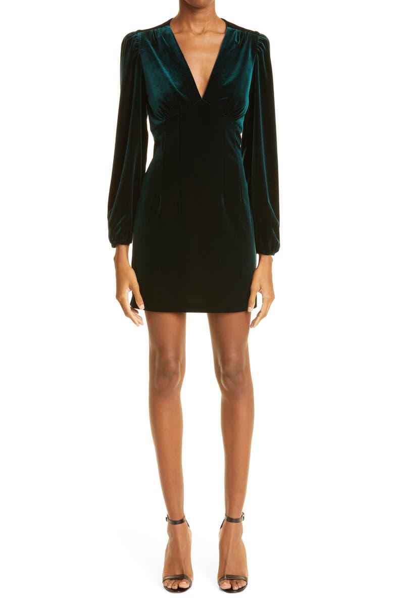 Nicole Miller Puff Long Sleeve Deep V-Neck Velvet Minidress, Main, color, 