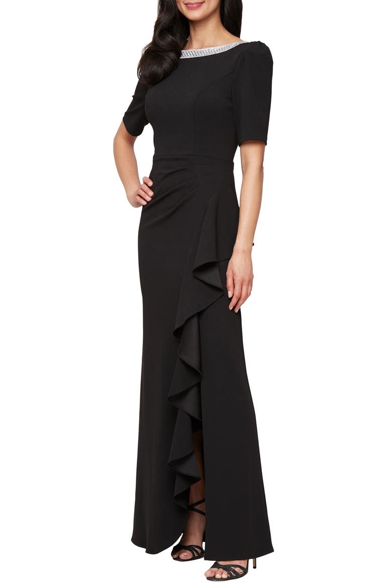 Embellished Neck A-Line Gown, Main, color, BLACK