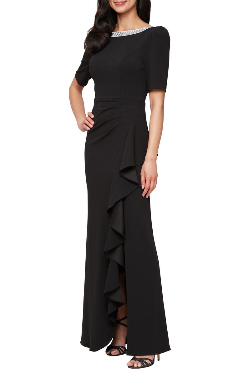 Alex Evenings Embellished Neck A-Line Gown, Main, color, Black