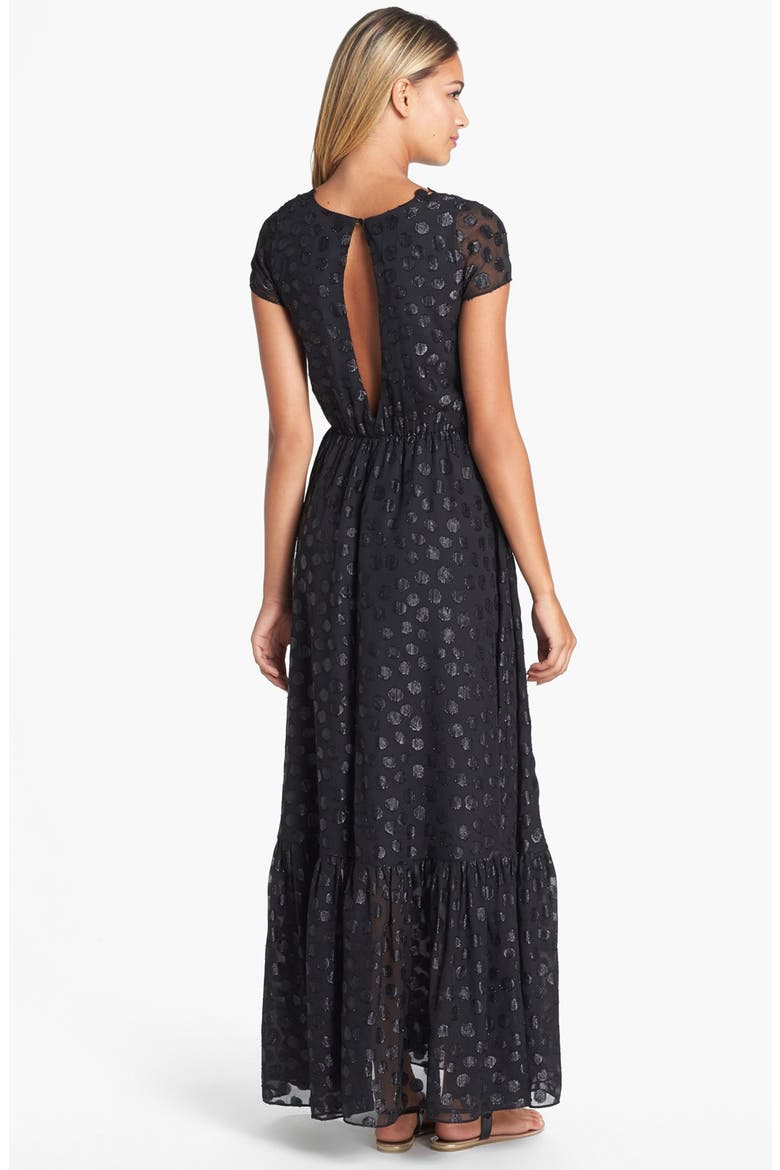 'Evan' Metallic Dot Maxi Dress, Alternate, color, BLACK
