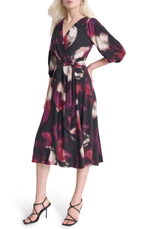 Surplice Three-Quarter Balloon Sleeve Midi Dress