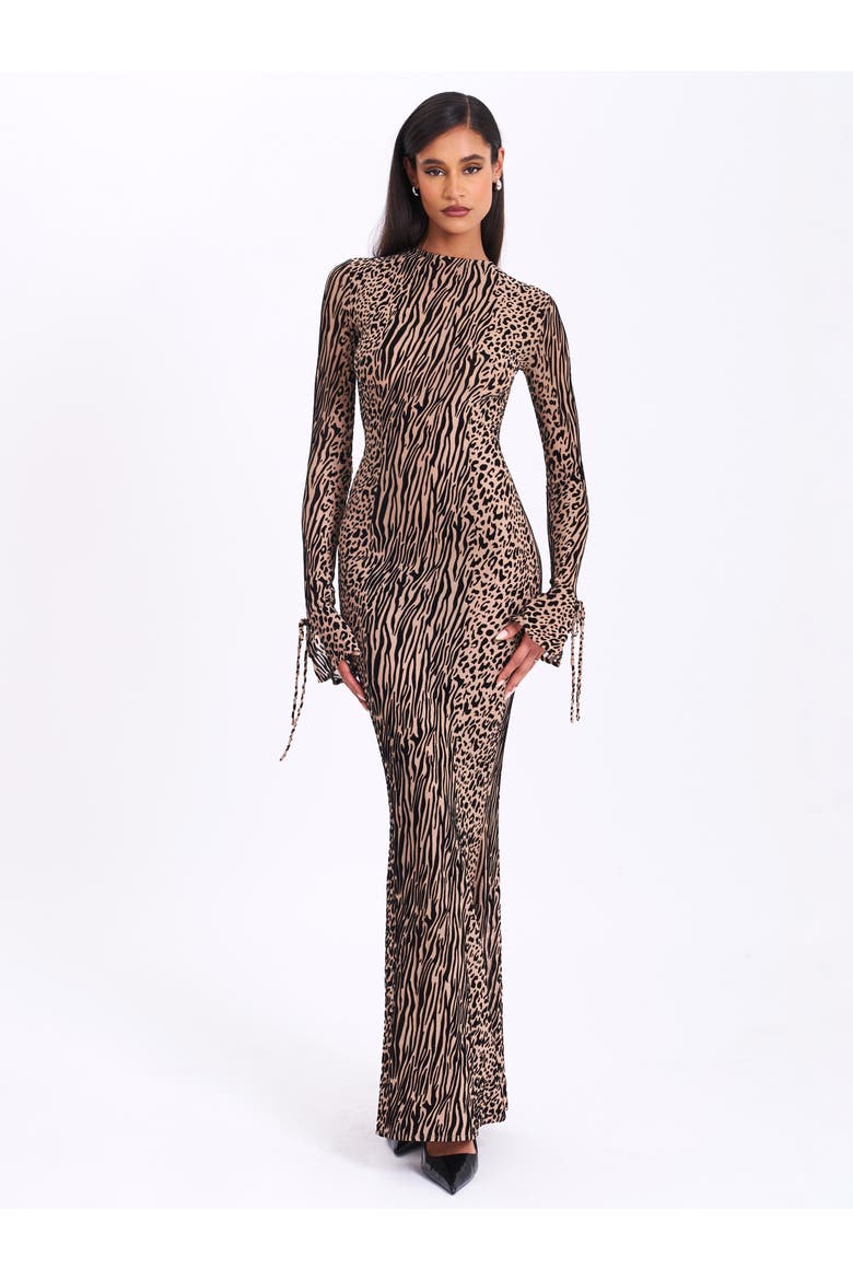 Waylynn Backless Burnout Velvet Maxi Dress, Main, color, Nude Black Animal Print