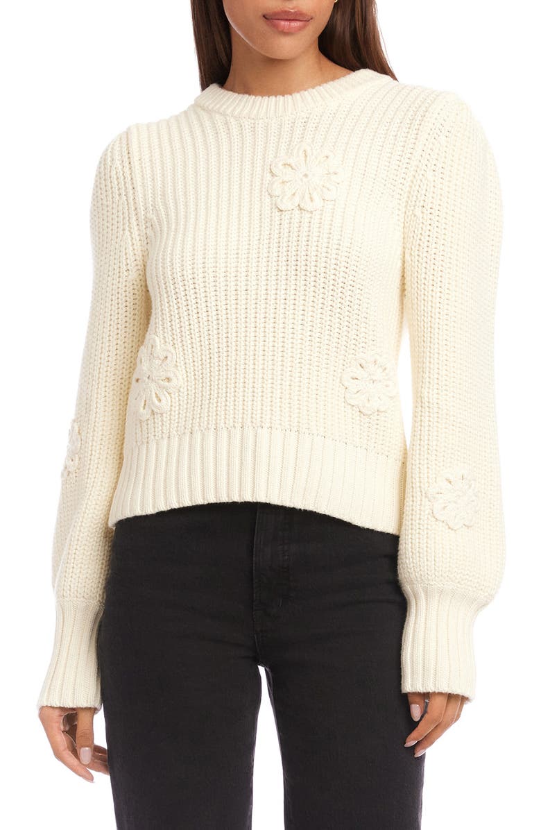 FIFTEEN TWENTY Brylee Crochet Flower Puff Sleeve Stretch Cotton Sweater, Main, color, Cream