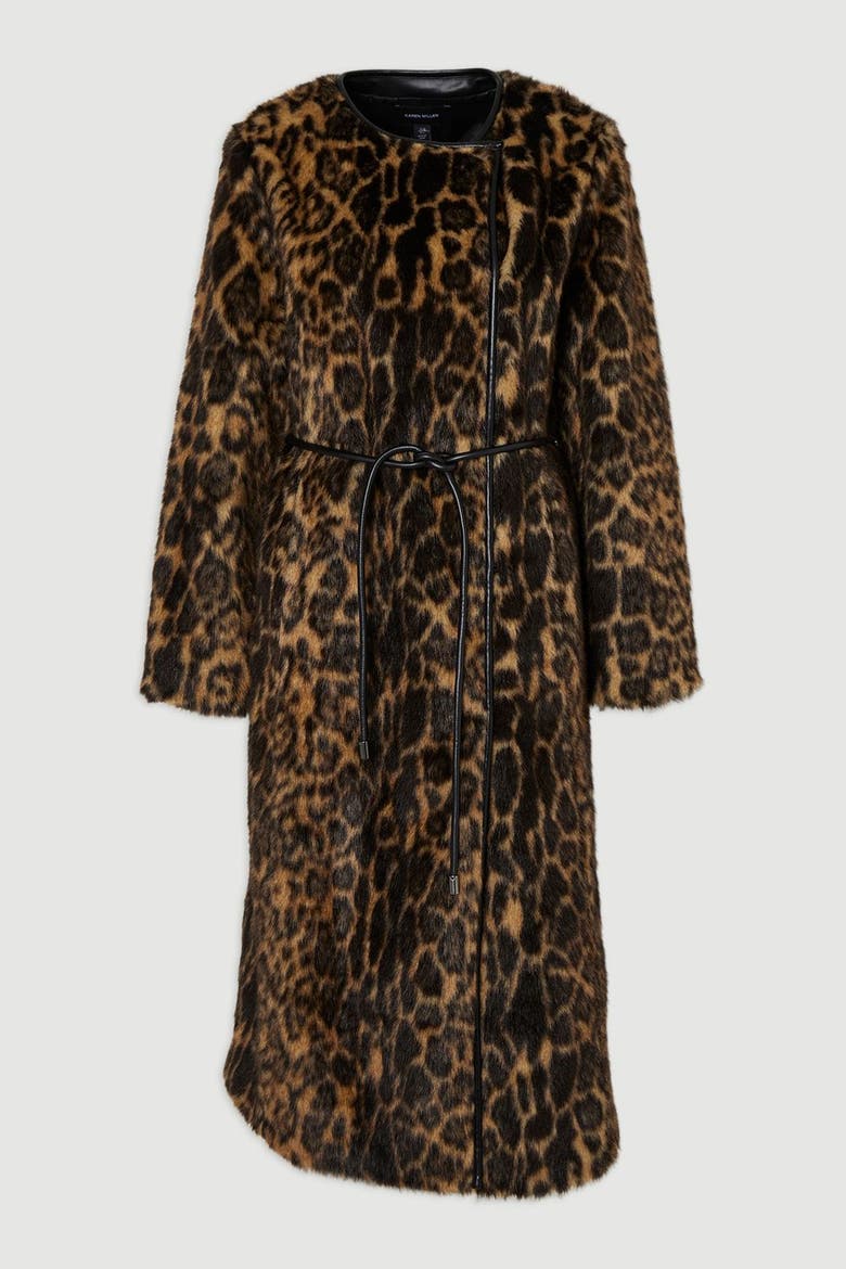 Faux Fur Collarless Tie Belted Midi Coat, Alternate, color, Multi