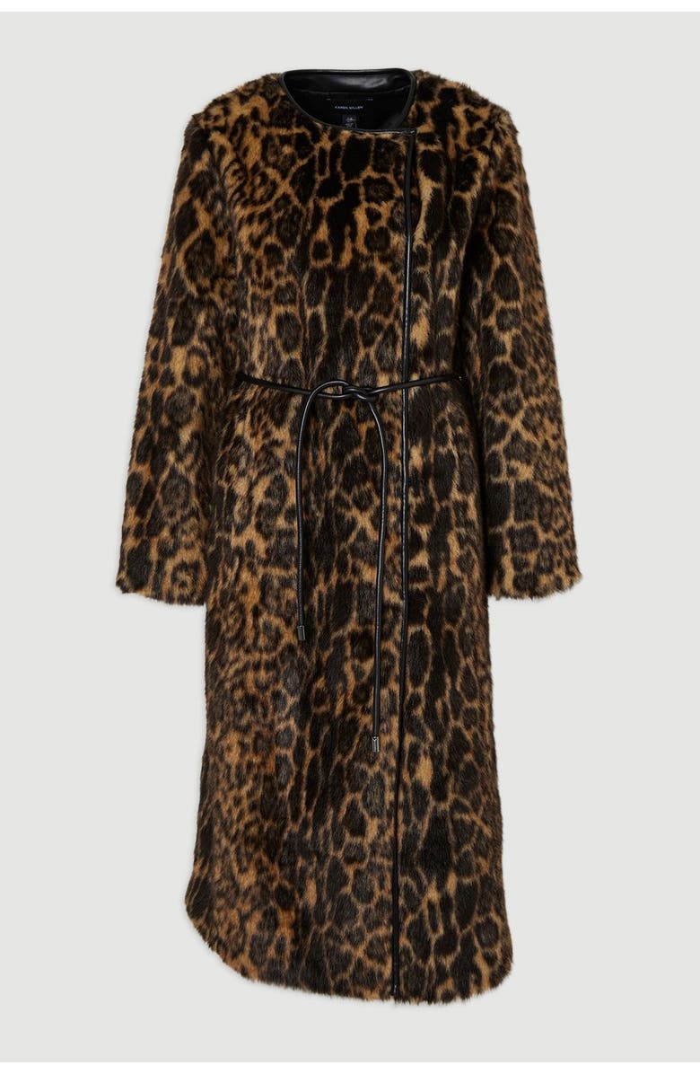 Karen Millen Faux Fur Collarless Tie Belted Midi Coat, Alternate, color, Multi