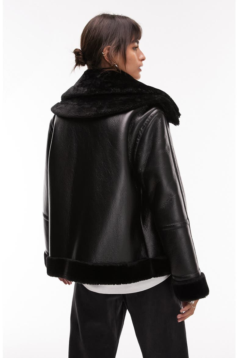 Faux Leather Aviator Jacket with Faux Fur Trim, Alternate, color, BLACK