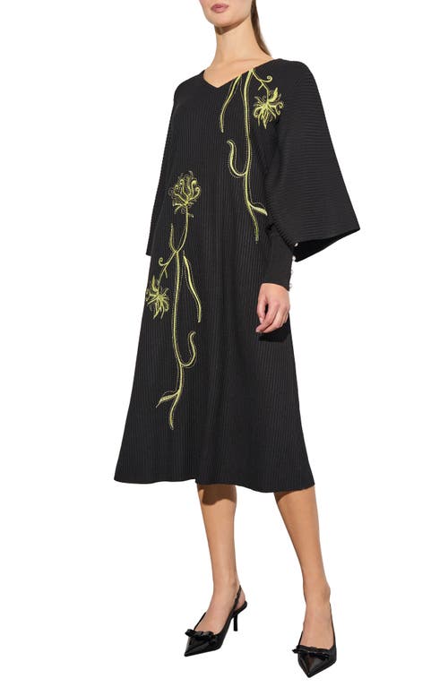 Ming Wang Floral Embroidery Knit Midi Dress in Black/Lemon 