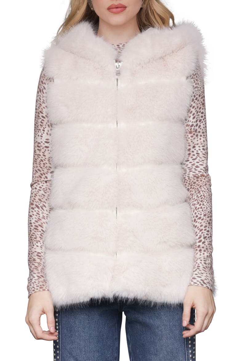 Faux Fur & Faux Leather Hooded Zip Vest, Alternate, color, PEARL
