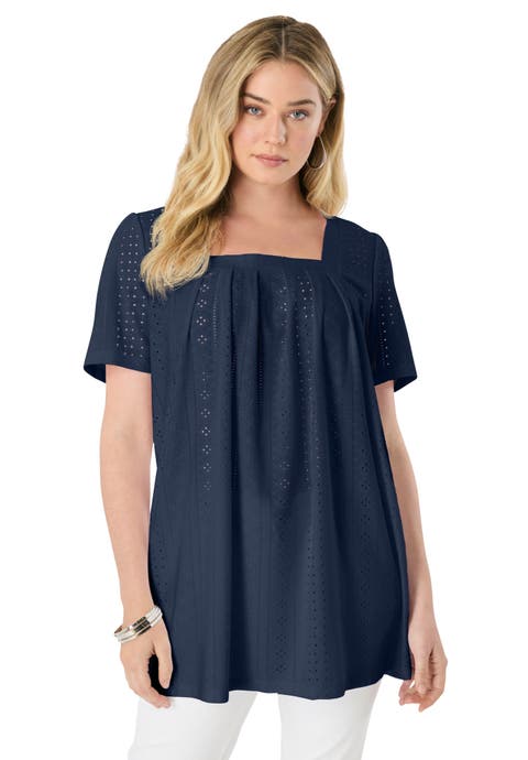 Plus Size Square Neck Eyelet Tunic