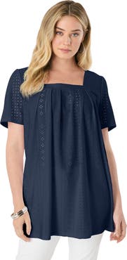 Roaman's Plus Size Square Neck Eyelet Tunic