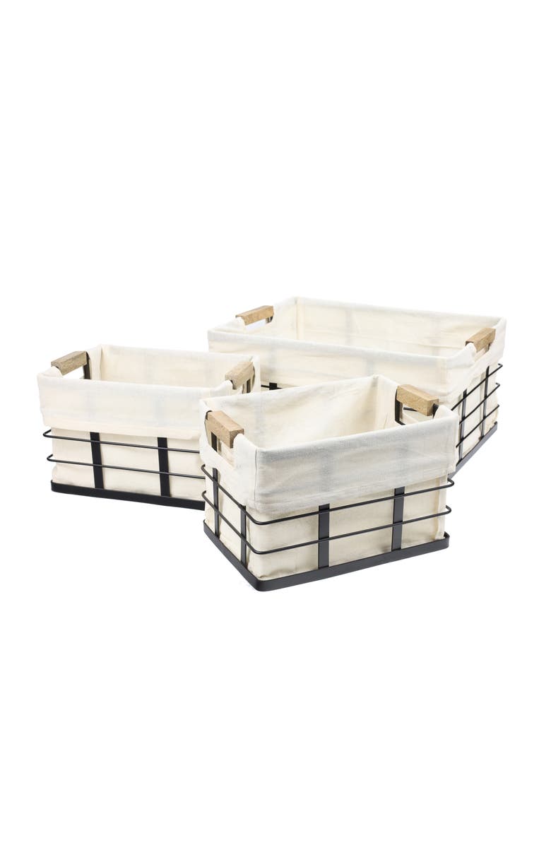 HAPPIMESS Callan Vintage Industrial Handmade Wire Metal Nesting Storage Baskets with Wood Handles and Fabric Liner, Main, color, Black