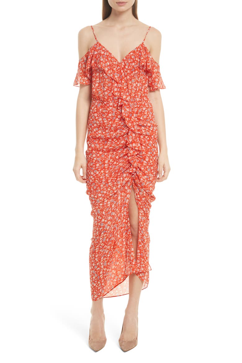 Marilyn Print Silk Cold Shoulder Dress, Main, color, RED MULTI