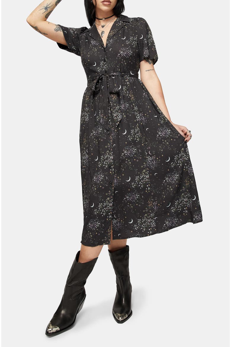 Peaseblossom Celestial Midi Shirt Dress, Alternate, color, Black