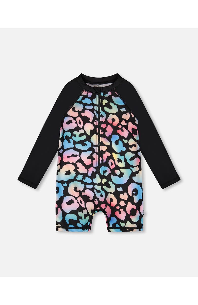 Deux par Deux One-Piece Long Sleeve Leopard Rashguard, Main, color, Black Leopard Print