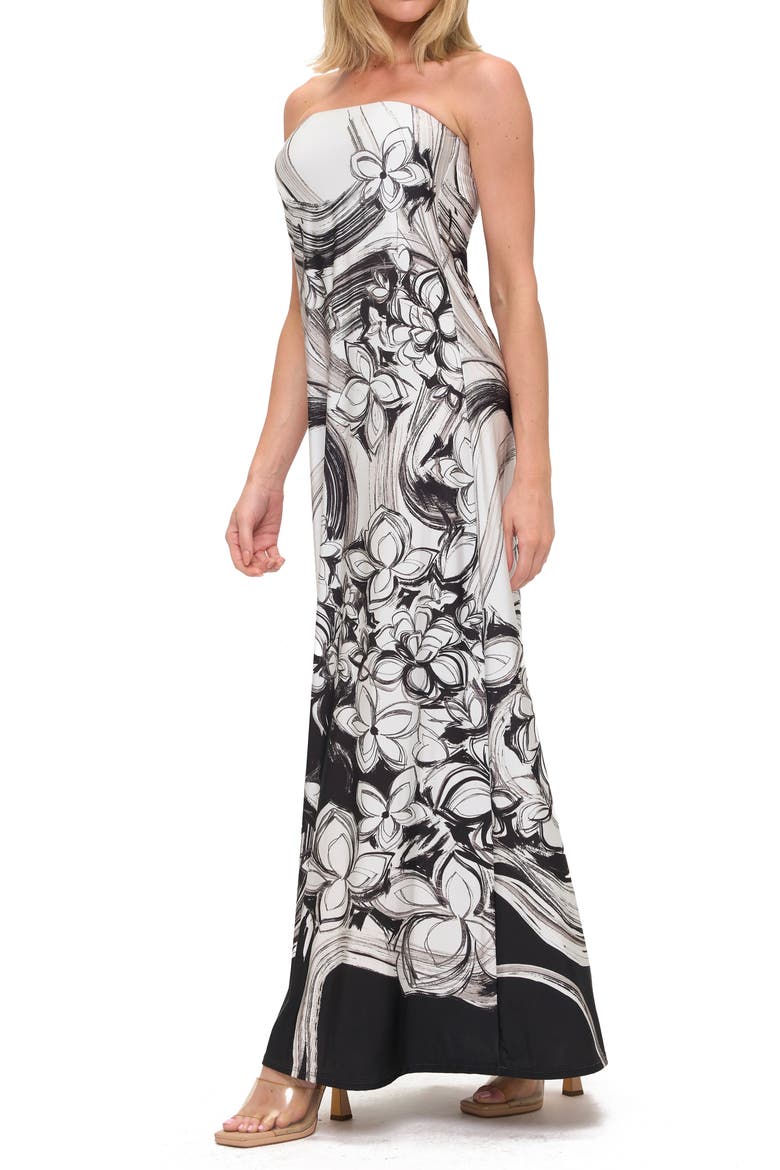 Printed Strapless Maxi Dress, Alternate, color, BLACK/ WHITE FLORAL