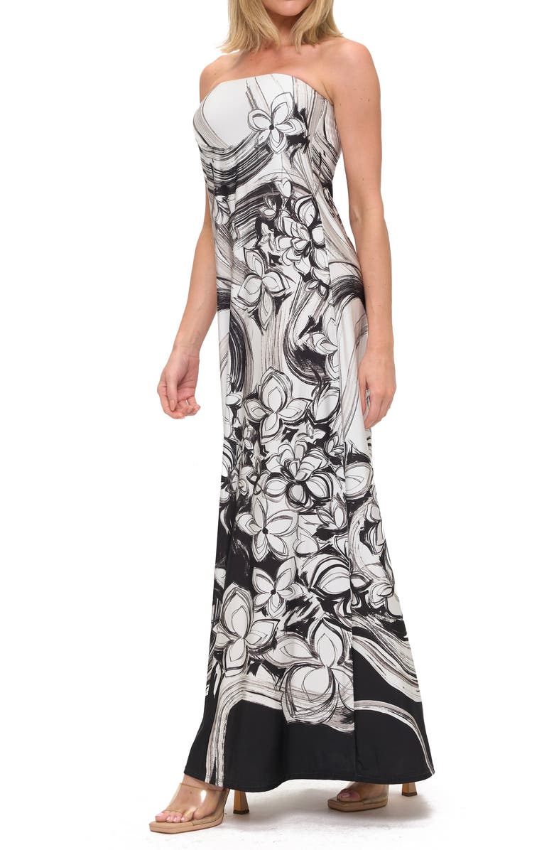 O.L. Printed Strapless Maxi Dress, Alternate, color, Black/ White Floral