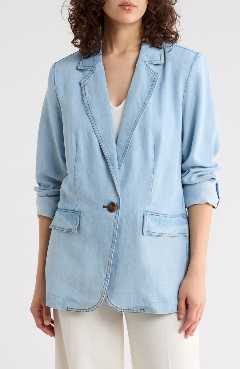 T Tahari Single Button Chambray Blazer, Main, color, Light Wash