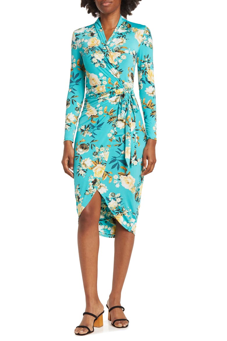 Printed Marlene Wrap Midi Dress, Main, color, GREEN FLORAL