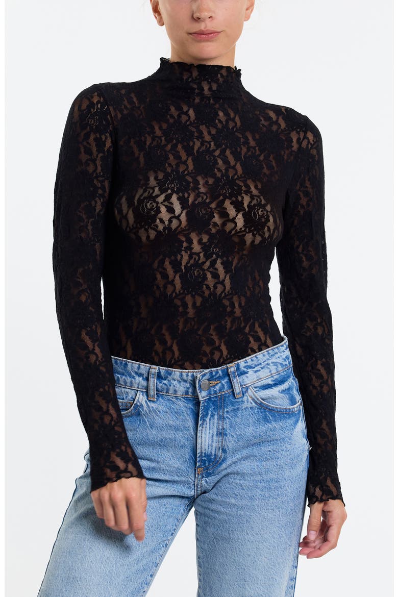 Signature Lace Mock Neck Teddy, Alternate, color, BLACK
