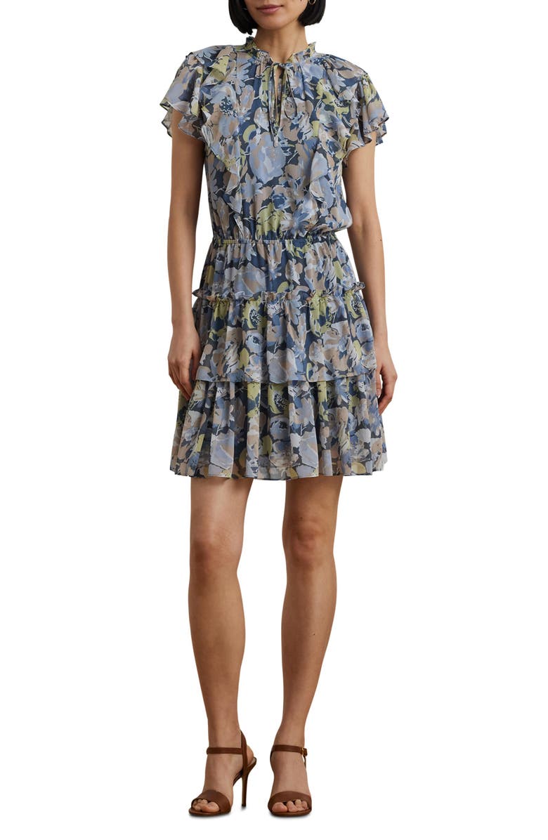 Lauren Ralph Lauren Floral Ruffle Short Sleeve Georgette Dress, Main, color, 