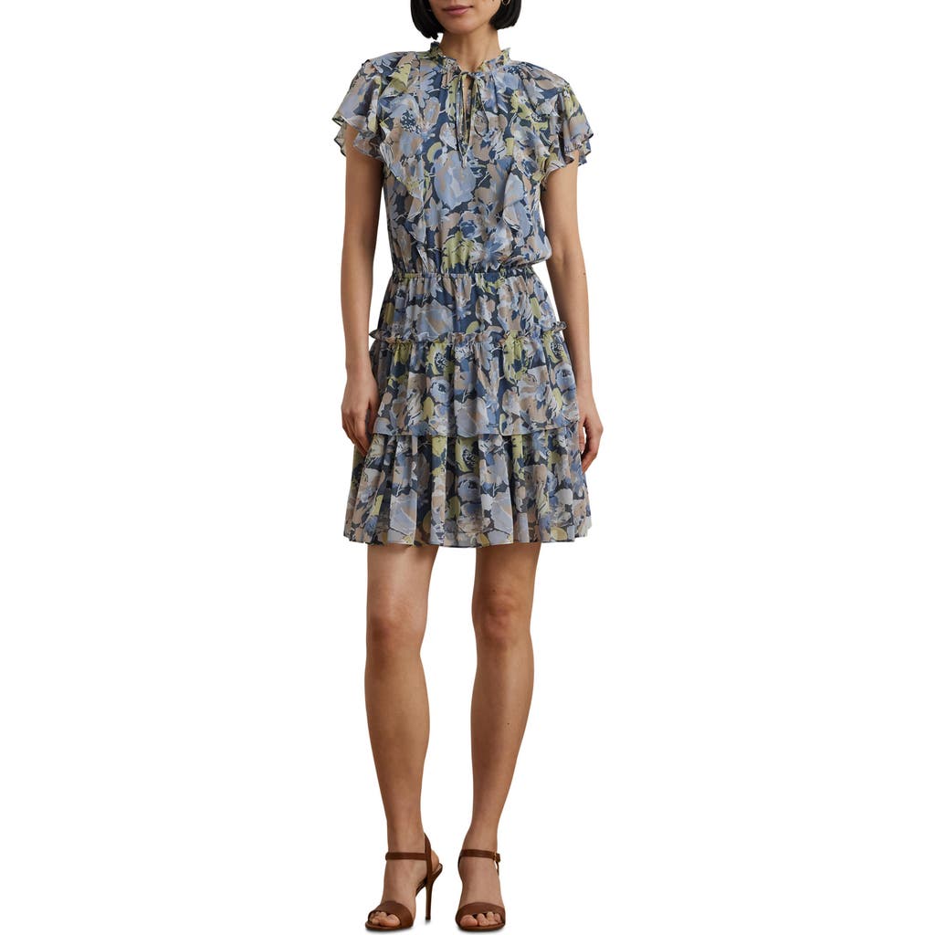 Ralph Lauren Plus Size Floral Ruffle-trim Georgette Dress In Blue Multi