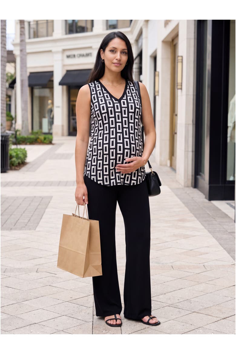 Maternity Essential Geometric Print V-Neck Round Hem Top and Flared Pant Set, Alternate, color, Black Multi