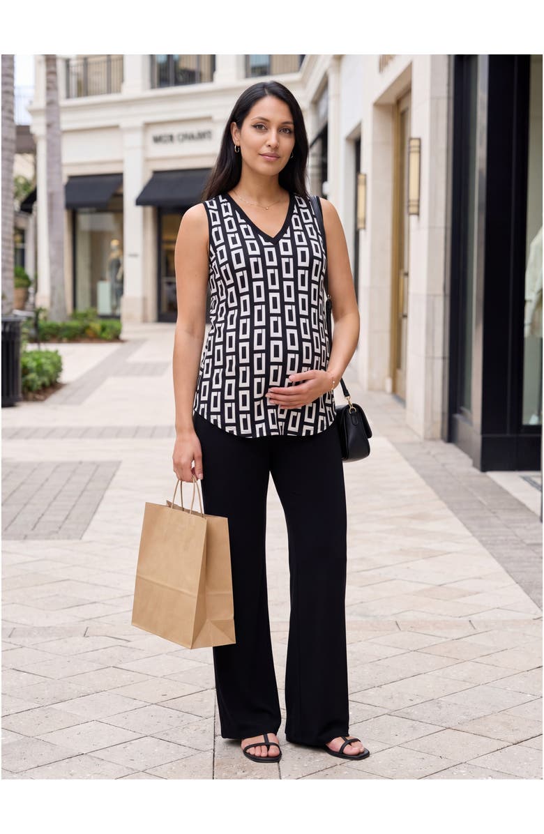 24seven Comfort Apparel Maternity Essential Geometric Print V-Neck Round Hem Top and Flared Pant Set, Alternate, color, Black Multi