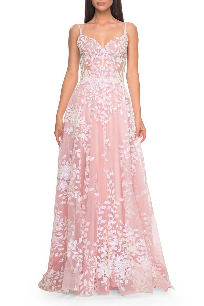 Sequin Lace Print Tulle A-Line Prom Dress with Illusion Bodice, Main, color, Pink