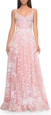 La Femme Sequin Lace Print Tulle A-Line Prom Dress with Illusion Bodice