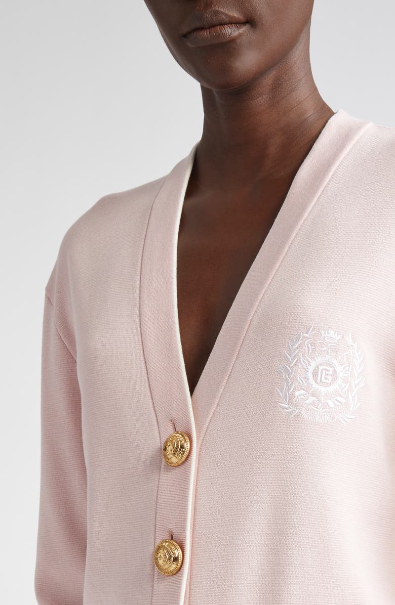 Balmain Logo Emblem Silk & Cotton Cardigan, Alternate, color, Oin Pale Pink/ White