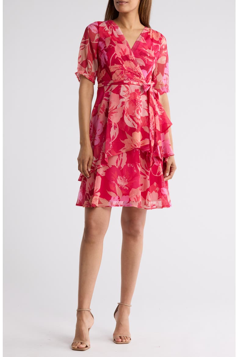 Floral Short Sleeve Faux Wrap Dress, Main, color, RASPBERRY FLORAL