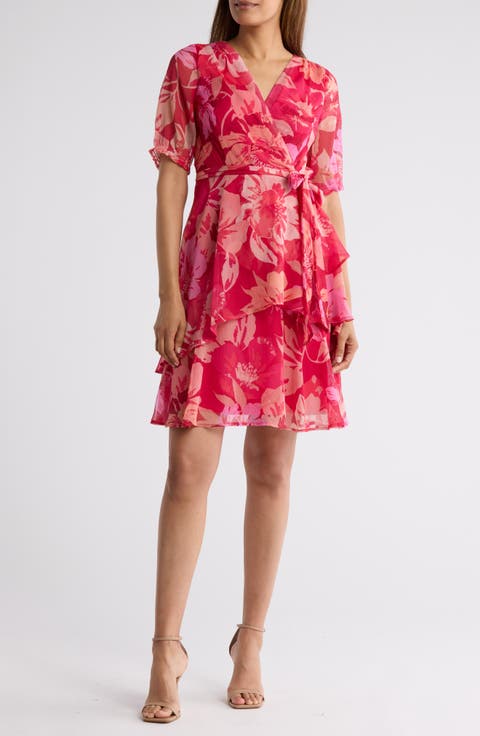 Floral Short Sleeve Faux Wrap Dress