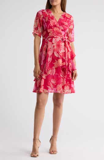 Floral Short Sleeve Faux Wrap Dress