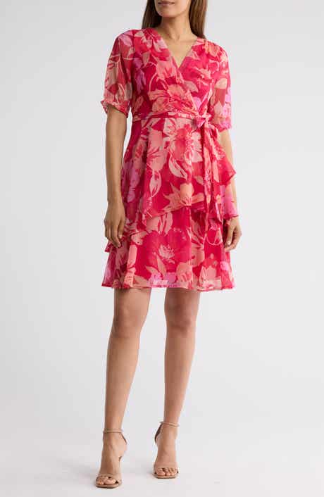 Floral Short Sleeve Faux Wrap Dress