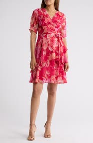 Tahari ASL Floral Short Sleeve Faux Wrap Dress