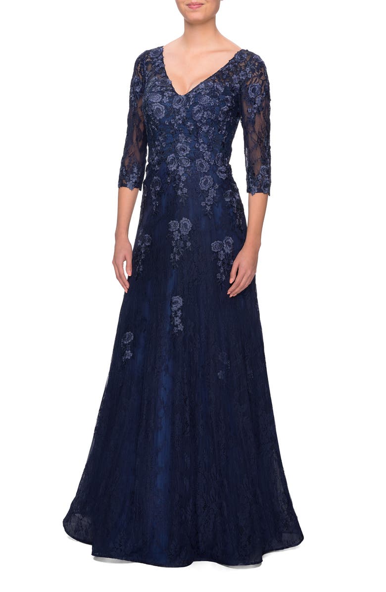 La Femme Three Quarter Sleeve A-line Dress with Lace and Beads, Alternate, color, Navy